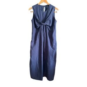 ANOTHER PLACE | Navy Blue Linen Bow Front Relaxed Shift Midi Dress | Small